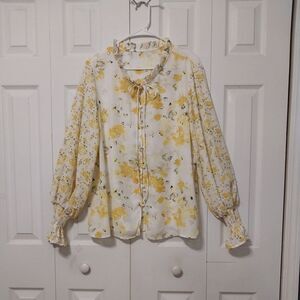 Evaless Women’s BoHo Top Floral Vneck Print Button Puff Sleeve Yellow XL